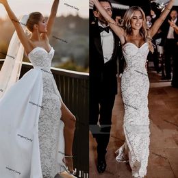 Sweetheart Mermaid Wedding Dresses with Detachable Train 2021 Lace Stain Sexy Slit Country Beach Outdoor Bride Dress robes de mari253o