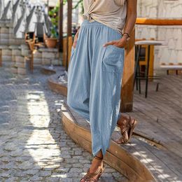 New Summer 2024 Casual Fashion Solid Colour Linen Loose Pocket Wide Leg Radish Trousers Women's Trousers Beach Pants 3D94H