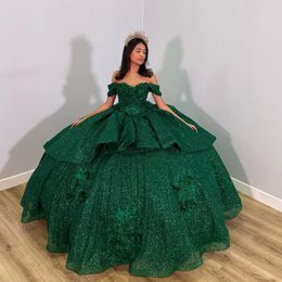 Emerald Green Shiny Handmade 3DFlowers Beading Quinceanera Dresses Ball Gown Off The Shoulder Corset For Sweet 15 Girls Party