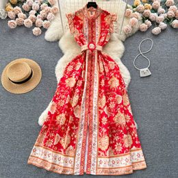 European and American style high-end fashion printed dress summer stand up collar single breasted waist small fly sleeves large swing long skirt