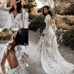 Bohemian Wedding Dresses with Long Sleeve 2020 V-neck Lace 3D Floral Applique Crochet Lace Beaded Flowy Skirt Country Wedding Gown305u