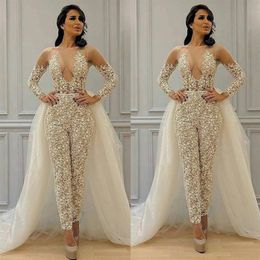 Modest Detachable Skirt Jumpsuit Wedding Dresses Bridal Gowns 2021 Lace Applique Long Sleeve Elegant Pant Suit for Women Vestidos231x