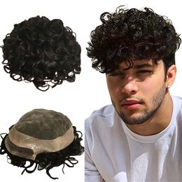 Malaysian Virgin Human Hair Piece #1b 20mm Loose Curl 7x9 Full Lace Toupee Male Wigs for Men