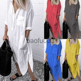 Casual Dresses Summer Shirt Long Dress Women Casual Long Sleeve Side Split Button Dresses 2023 Female Elegant Solid Colour Pocket Loose Dresses J230619