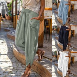 Summer 2023 New Casual Fashion Solid Colour Linen Loose Pocket Wide Leg Radish Trousers Women'S Trousers Beach Pants