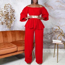 Women's Two Piece Pants Women Elegant Solid Colour 2 Set With One Line Neck Lantern Long Sleeve Ruched Loose Top Wide Leg Lncluding Belt