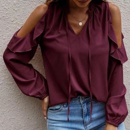 Women's Blouses Ruffle Trim Lace-up V-neck Cold Shoulder Long Sleeve Women Shirt Simple Solid Colour Printing Loose Pullover Top Female