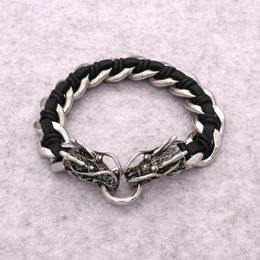 Charm Bracelets JSBAO 16MM&22CM Vintage Fashion Black Leather Chain Bracelet Antique Chinese Dragon Men Punk Jewelry Wristbands