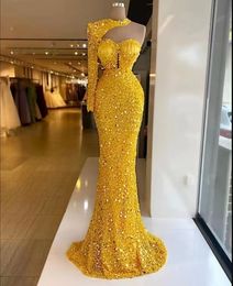 arabic yellow prom dress one shoulder aso ebi gold luxurious sparkly evening dresses beaded sequins prom dresses feather formal party second reception shiny gowns