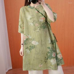 Ethnic Clothing 2023 Cotton Linen Traditional Chinese Qipao Style Long Shirt Flower Print Cheongsam Classic Blouse For Woman