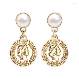 Stud Earrings Fashion Exaggerate Retro Head Alloy Baroque Pearl Figure Coin For Women Party Jewelry