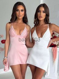 Casual Dresses Mozision Satin Spaghetti Strap Sexy Mini Dress Women Robe Summer New Deep V Neck Sleeveless backless Club Party Dress Vestido J230619