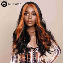 7JHH WIGS Highlight Orange Wavy Hair Wig for Black Woman Daily Party Natural Synthetic Long Curly Wigs Heat Resistant Fibre L230520