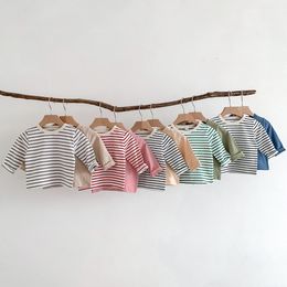 T-shirts Infant Casual Solid Tops Boys Simple Striped Long Sleeves T-shirt O-neck Pullover Bottoming Shirt Girls Cotton Undershirt 230617