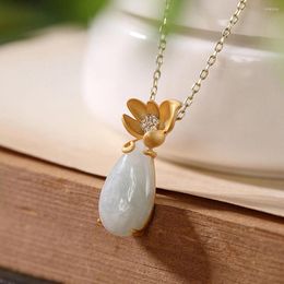 Chains Solid 925 Sterling Silver Lotus With Natural ICY Jadeite Waterdrop Pendant 0.98"