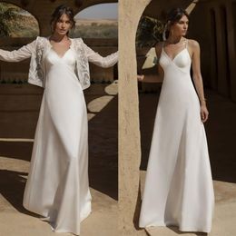 Graceful A Line Wedding Dresses With Long Sleeves Beaded Jacket V Neck Appliqued Bridal Gowns Floor Length Satin robe de mariee321r