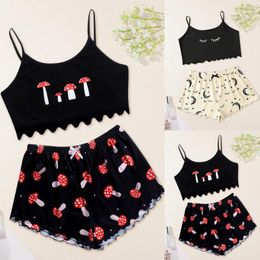 Women's Sleepwear Women Sexy Set Pajamas Sleeveless Cami Shorts Lingerie Cute Cartoon Printing Home Suit For Ladies