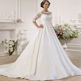 Gorgeous Half Sleeves Satin Ball Gown Wedding Dresses with See-through Back Lace Applique Wedding Dress Vestido De Noiva H0122433