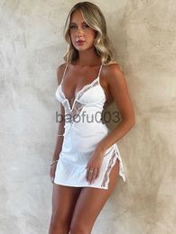 Casual Dresses TEMUSCOLA Sexy Spaghetti Strap Split Summer Lace Dress Women Deep V Neck Backless White Mini Dress Casual Elegant Club Vestidos J230619