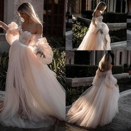 Champagne Long Sleeves Tulle Bohemia Beach Wedding Dresses Off Shoulder A Line Ruched Country Wedding Bridal Gowns BC2430228t