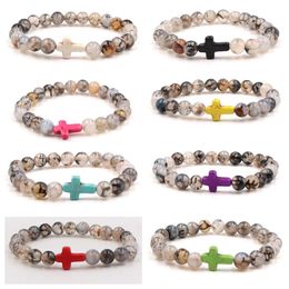 Bulk Cross Charms 8mm Black Dragon Pattern stone Strand Bead Yoga Buddha Bracelet For Women men Jewellery