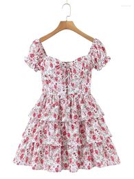 Party Dresses YENKYE Summer Women Floral Print Cross Bandage Sexy Off Shoulder Dress Hem Layered Ruffle Cake Mini Holiday Robe