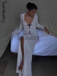 Casual Dresses Cryptographic Summer Beach Holiday Knitted Maxi Dress Outfits for Women Party Club Long Sleeve See Through Dresses Hollow Out J230619