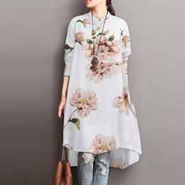 Women's Blouses Retro Women Long Shirt Floral Printed Casual Irregular Hem Pullover Loose Top Spring Knee Length Bohemian Blouse