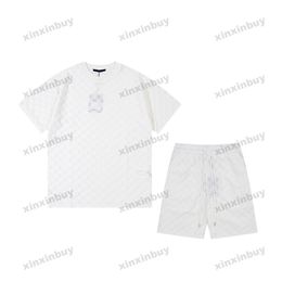 xinxinbuy Men designer Tee t shirt 23ss plaid Jacquard towel fabric sets short sleeve cotton women white black XS-XL