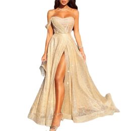 Reflective Champagne Sequins Evening Dresses Long evening gowns Ruched High Split Formal Party Floor Length Prom Dresses