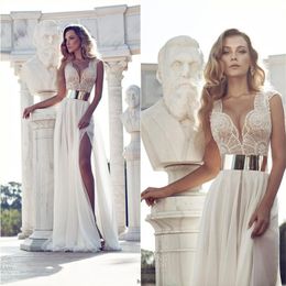 Exquisite Beading Julie Vino In Stock Wedding Dresses Ivory V-Neck Gold Belt A-Line Side Slit Floor-length Chiffon Bridal Gowns308q