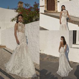 Lian Rokman Mermaid 2020 Wedding Dresses Appliqued Lace Halter Neck Bridal Gowns Sweep Train Backless Robe De Mariee245t