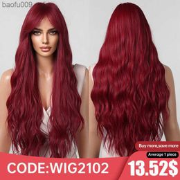 Long Curly Wine Burgundy Red Synthetic Wigs with Long Bangs for Women Afro Deep Wave Cosplay Party Natural Hair Heat Reisitant L230520