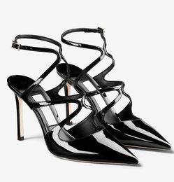 JC Jimmynessity Choo Azia Sandals High quality Women Summer Essential Shoes Black Nude Patent Leather Pointed Toe High Heels Party Wedding Lady Gladiator Sandalias