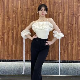 Stage Wear Latin Dance Tops Women Ruffles Off Shoulder White Sexy Ballroom Performance Shirts Adult Summer Dancewear BL8320