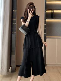 Casual Dresses Autumn Korean Fashion Solid Black Women Strappy Vest Knitted Sweater Plus Wide-leg Pants Calf Length Loose Two-piece Set