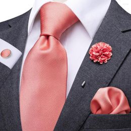 Bow Ties Coral Red Solid Mens Necktie Luxury 8.5cm Wide Silk Wedding Tie Pocket Square Cufflink Set Brooch Gift For Men Hi-Tie Designer