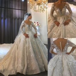 Gorgeous Ball Gown Wedding Dresses V-neck 3D Flower Applicants Pearls Sequins Lace Chapel Gown backless Custom Made Plus Size Bridal Gown Vestidos De Novia