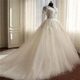 2021 White A line Vintage Bride Dresses Elegant Lace Long Sleeves Full Length Sheer Bodice Tulle Bridal Wedding Party Ball Gown217l