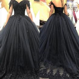 Black Ball Gown Wedding Dresses Plus Size Off Shoulder Lace Appliques 2021 Arabic Gothic Bridal Gowns Sequins Puff Vestidos De Fie291V