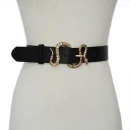 Belts Unique Gold Colour Snake PU Leather Belt Women Fashion Pin Buckle Retro Wide Black Female Jeans Dress Waistband 2023