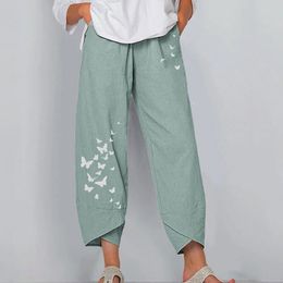 Vintage Summer Linen Pants Women Casual Harem Pants Floral Printed Elastic Waist Wide Leg Pants Female Loose Trousers Plus