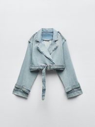 Women's Trench Coats RR3191 Trf Denim Cropped Coat For Women Oversized Short Jackets Ladies Long Sleeve Loose 230619