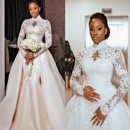 Plus Size Arabic Aso Ebi Wedding Dresses with Detachable Train Luxury Lace Applique High Neck Muslim Royal Mermaid Wedding Bridal 252B