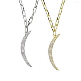 Chains Rectangle Open Link Chain Charm Necklace Micro Pave Cz Moon Pendant Classic Jewellery
