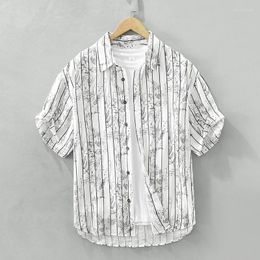 Men's Casual Shirts 2023 Print Short Sleeve Shirt For Men Fashion Striped Personality Tops Summer Pure Linen Smart