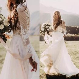 Bohemian Country Wedding Dresses With Sheer Long Sleeves Bateau Neck A Line Lace Applique Chiffon Boho Bridal Gowns Cheap291e