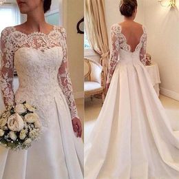 Fanty Jewelry Neck Long Sleeves Lace Applique Bodice Court Train Wedding Dress Open Back Sexy Bridal Gowns vestido de noiva curto258A