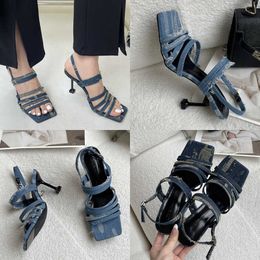 Summer Sandals Pumps Elegant Women Heeled Shoes New Square Toe Fashion Buckle Denim Female Thin High Heels Ladies Footwear 230511