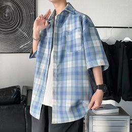 Men's Casual Shirts British Style For Men Fashion Clothing 2023 Summer Short Sleeve Plaid Slim Fit Male Q45